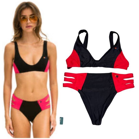 Aviator Nation Women’s Colorblock Bikini Set Red Black Sz Large Top & Bottom - Picture 1 of 15